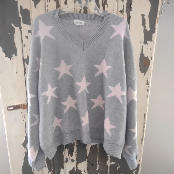 ADORA Sweaters - ADORA Soft Gray V-Neck Sweater with Pink Stars